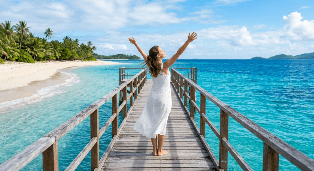 Femme sur une passerelle à l a plage.
